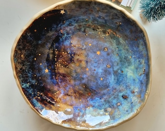 Unique art ceramic bowl in  beautiful brown, copper and blue shades with Golden stars, Galaxy ceramic platter  for styling kitchen table