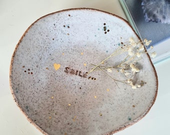 Little dish for holding your favorite sparkly rings and other delicate jewelry with script LOVE, One of a kind  small ceramic plate