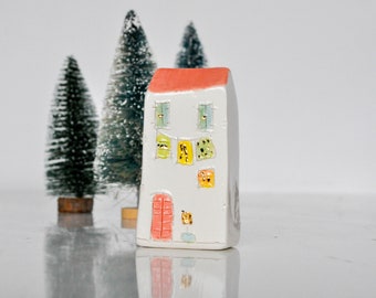 Unique Mini ceramic house with orange roof and door. Handmade and collectible miniature house, tiny clay house, Vitez art