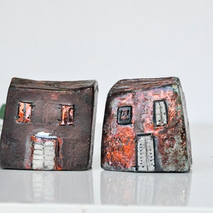 Ceramic raku house, set of 2 Art Copper Raku fired Clay houses ideal couples gift, home decor image 1