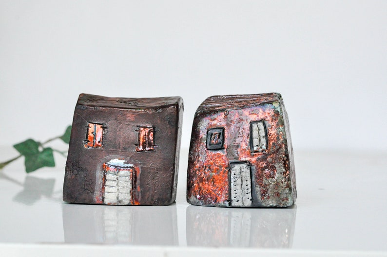 Ceramic raku house, set of 2 Art Copper Raku fired Clay houses ideal couples gift, home decor image 1