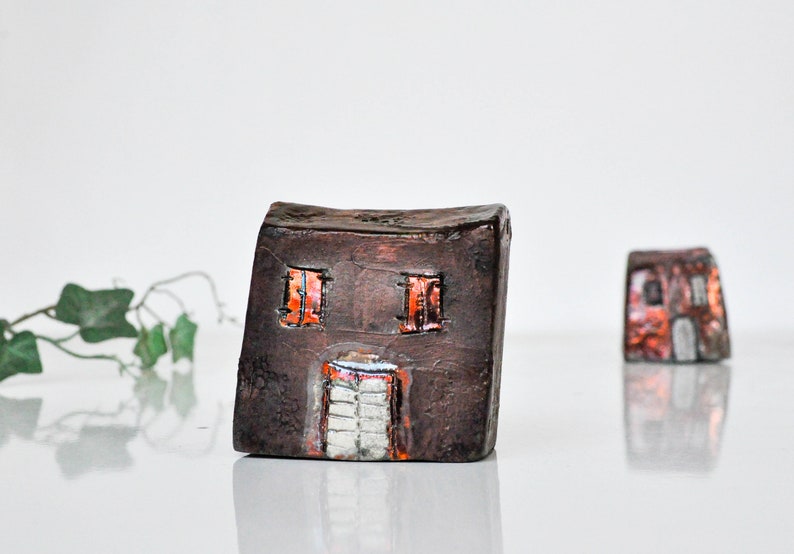 Ceramic raku house, set of 2 Art Copper Raku fired Clay houses ideal couples gift, home decor image 9