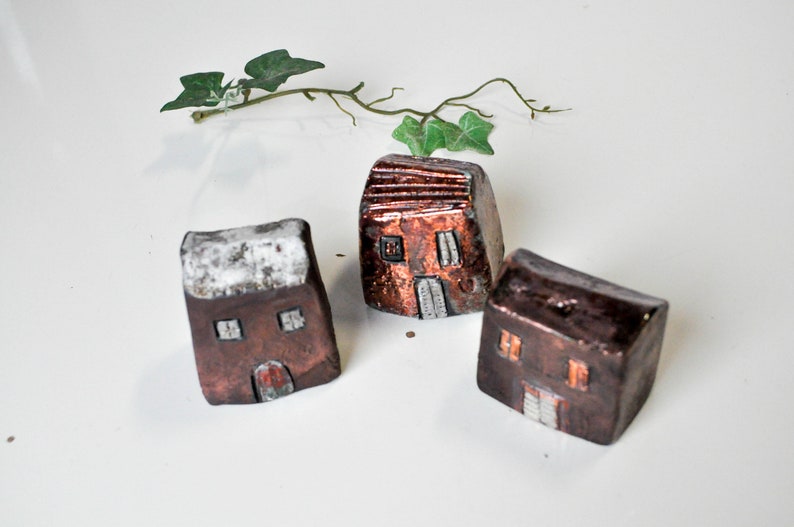 Ceramic raku house, set of 2 Art Copper Raku fired Clay houses ideal couples gift, home decor image 7