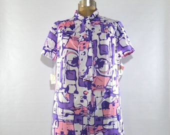 XXL Mod Short Sleeve Shirtdress 20 1/2 With Tags, Vintage 1960s Nancy Allen Casuals, Kitty Bow Polyester Dress, Deadstock