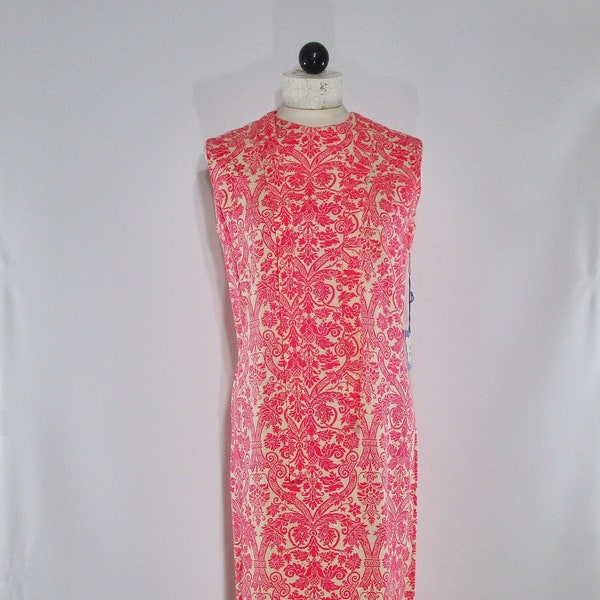 NWT, Pink Sleeveless Sheath, Vintage 1960s Brocade Floral Dress All Rayon, Size 13 14, With Matching Belt, Von Maur