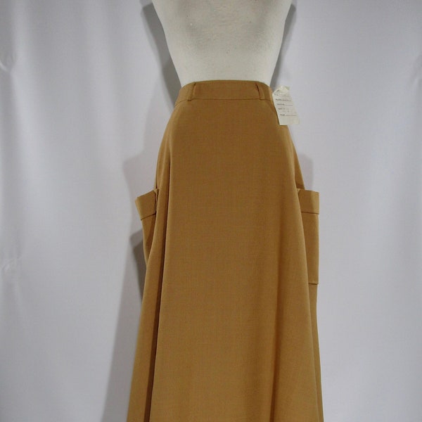 Deadstock, Tan Flared Skirt with Flap Pockets, 1980s Does 1950s Cojana Midi 8 10, Camel Designer A Line MED, With Tag