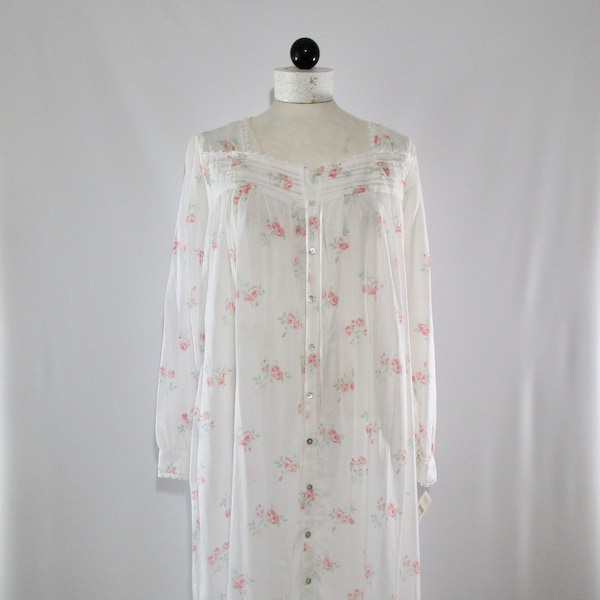 Small, 1990s Floral Cotton Sleeved Nightgown, Vintage Talbots Modest Long Sleepwear SM, Katherine Ross, New With Tags