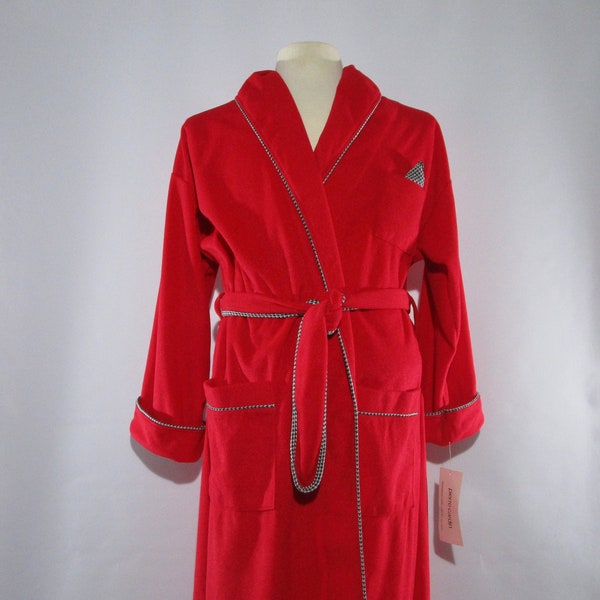 NOS, 1980s Vintage Red Designer Robe, Crimson Dacron Polyester Cover Up Small, Black White Trim, With Tags