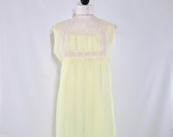 1960s Katz Long Yellow Nightgown, Vintage Polyester Cotton Sleeveless Lingerie with Lace Tie Belt, Medium