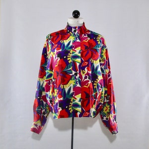 Silk Multicolored Lined Bomber Large, Vintage 2000 Colorful Cropped Novelty Print Statement Jacket, Faux Pockets, Doncaster