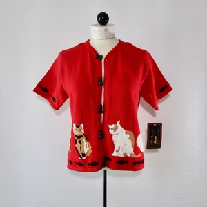 Red Cardigan with Cats Kitty Buttons, Animal Print Sweater, Vintage 1994 Tally Ho Jumper Small, NOSWT New Old Stock With Tags