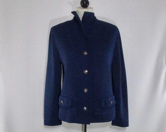 Navy Knit Jacket 8, Vintage 70s 80s Vintage Castleberry Knits Button Down Top, Dark Blue Nautical Sweater, Vaca Beach Boat