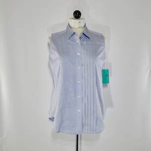 Blue Pleated Blouse 6, Vintage 1980s lizport Sleeveless Cotton Shirt, Tailored Button Down Top, Two Tags