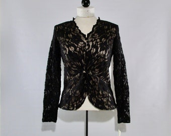 Black Lace Blouse 12, Vintage 1980s La Nuit Sleeved V Neck Top Lined Bodice Large, Glam Style Shirt, New Old Stock