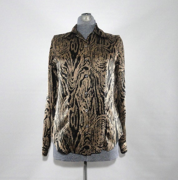 Halston Silk Sleeved Blouse 4, Black Gold Designer