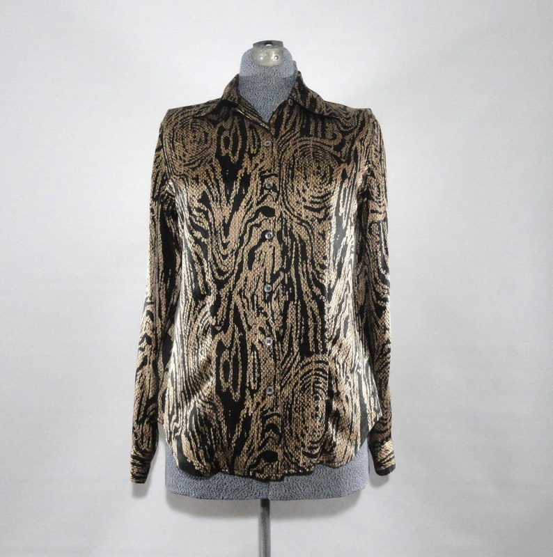 Halston Silk Blouse 4 High End Blouse Swirl Design Black Gold Shirt Designer Top SM Vintage 1970s Silk Abstract Blouse Glamourous