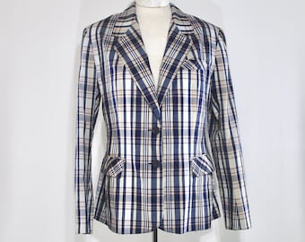 Navy Plaid Jacket 14, Vintage 1970s Poly Cotton Blazer, Office After Work Wear