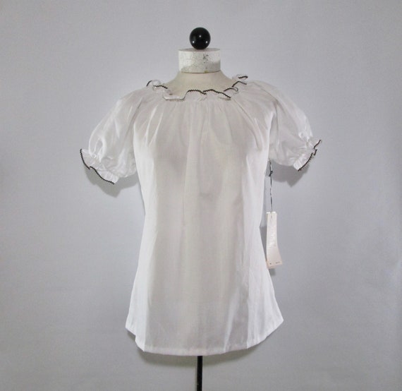 Deadstock Joyce White Peasant Blouse With Dark Bro