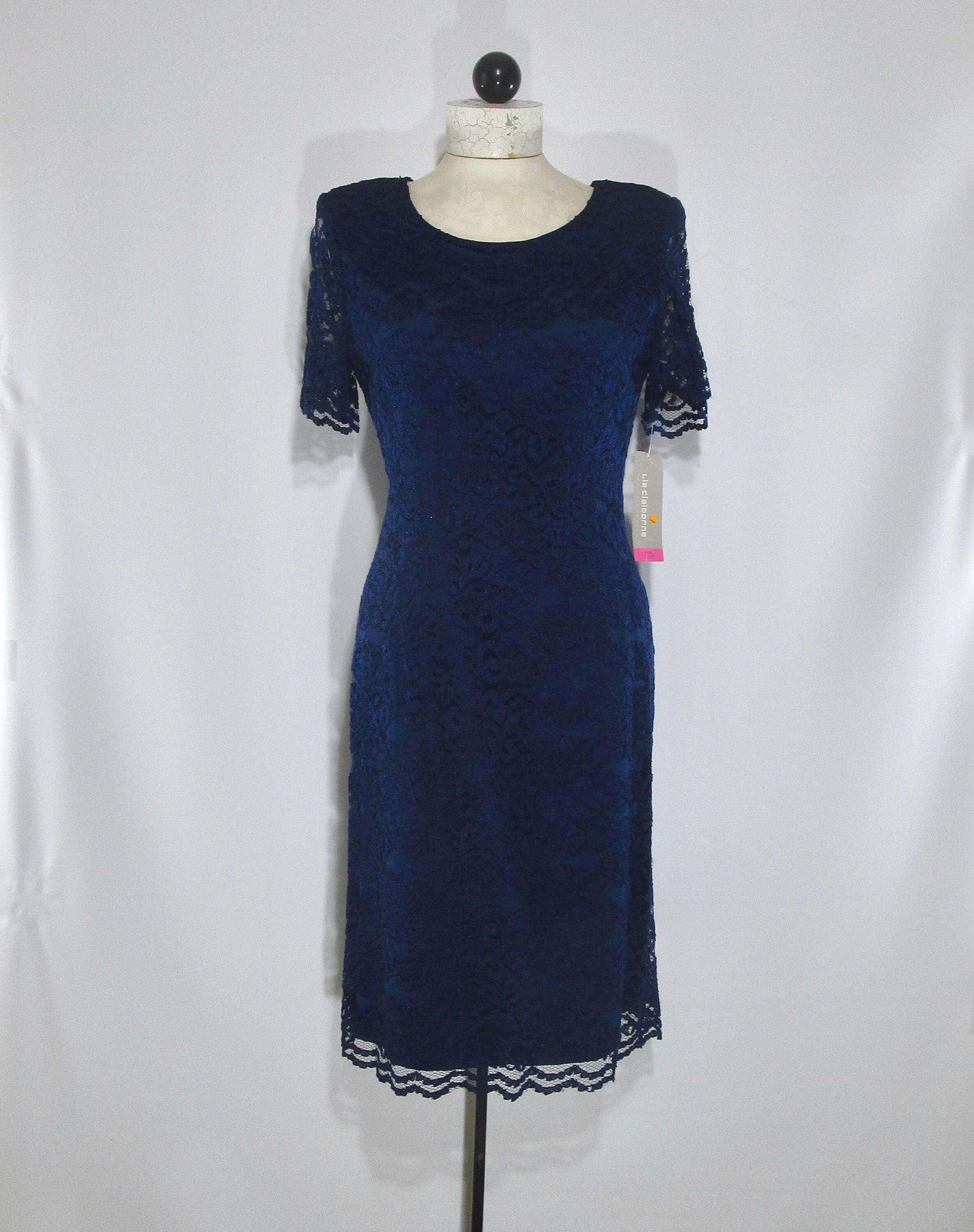 Navy Lace Designer Dress 10 P, Vintage 1980s Liz Claiborne Fancy Special Event Frock Ten Petite, Deadstock
