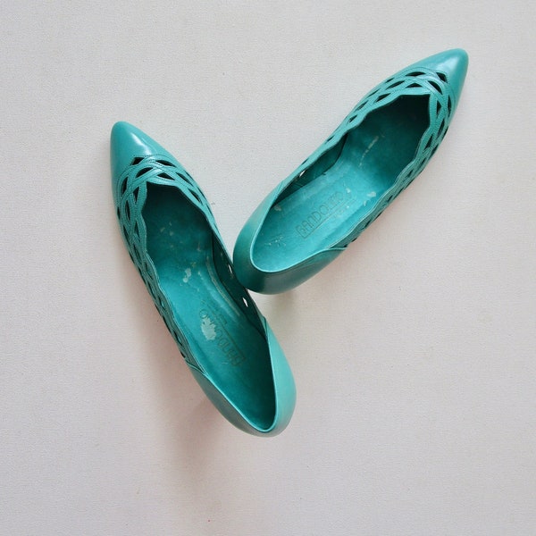 Blue Green Cut Out Pumps, Vintage 1980s BANDOLINO Slip Ons 8.5 N, Special Event Party Shoes, Going Out, Unworn