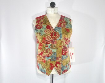 Floral Patchwork Vest Small, Vintage 1980s Liz Claiborne Cotton Top, Back Belt, NOS