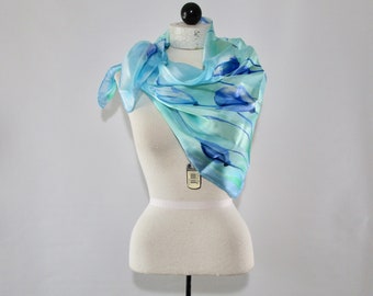 NWT, 1980s Tie Rack of London, All Silk Floral Square Scarf, Vintage Blue Green Accessory, 33 X 33 Inches, Mother's Day