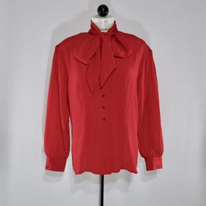 Oscar de la Renta Bow Blouse 14, Vintage 1980s Red Designer Top LRG, Pretty Polyester Shirt