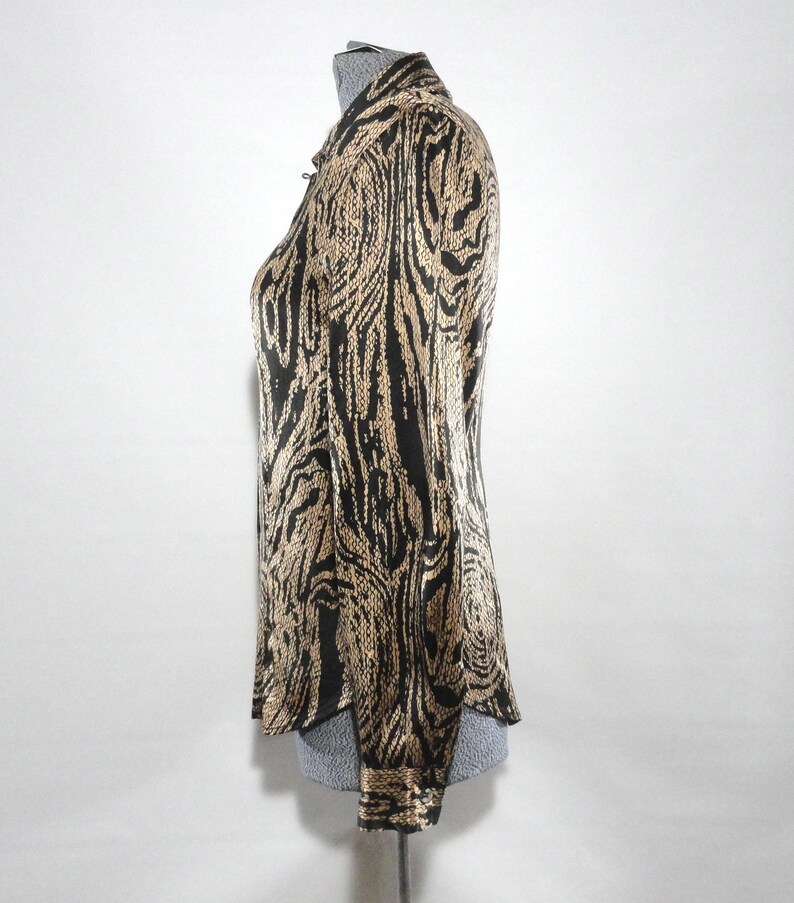 Halston Silk Blouse 4 High End Blouse Swirl Design Black Gold Shirt Designer Top SM Vintage 1970s Silk Abstract Blouse Glamourous