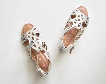 Vintage 1980s ESPRIT Silver Sandals 7 MED With Cork Heel Rear Zip, Unworn