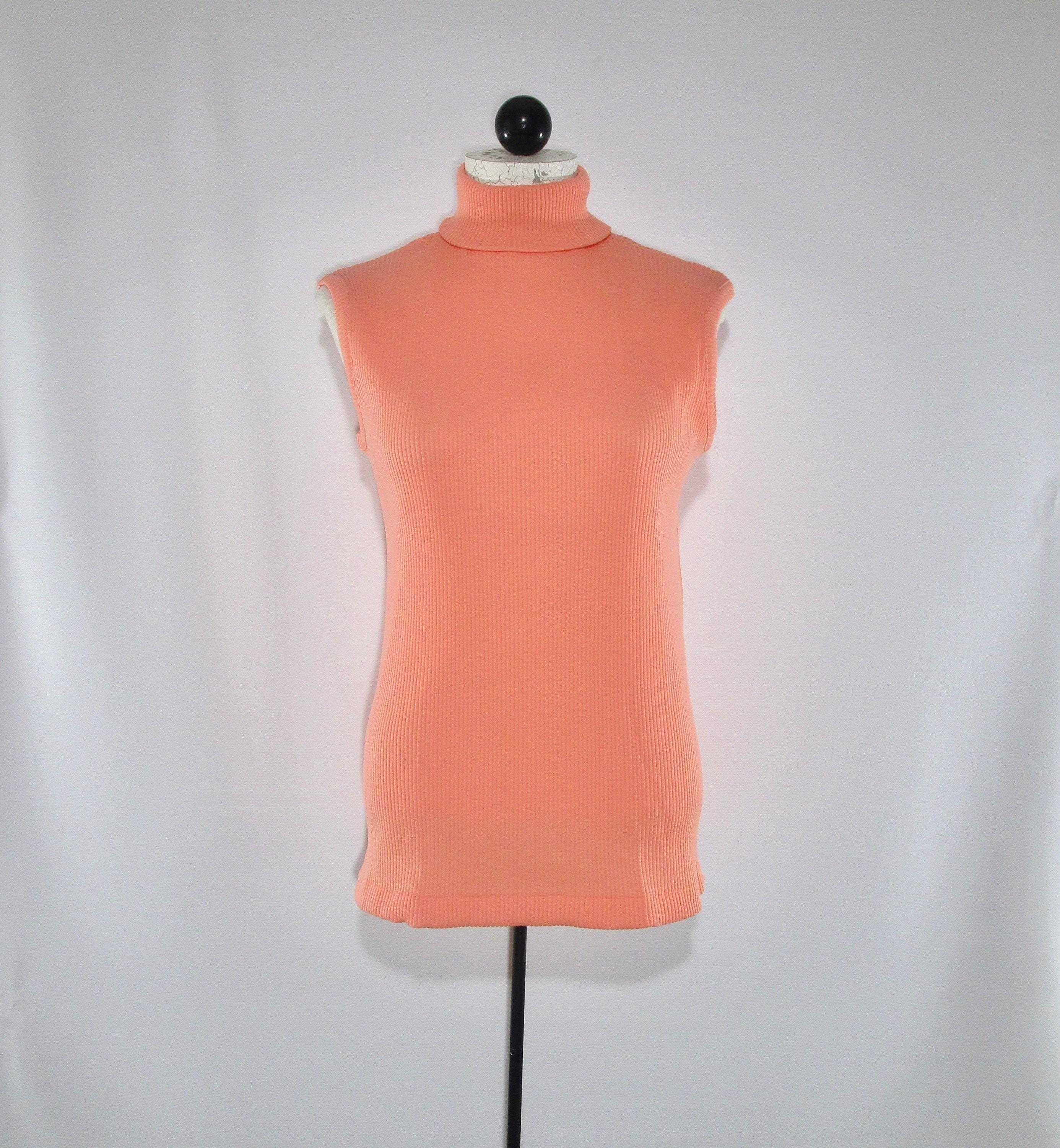 Sleeveless Polyester Peach Ribbed T-Neck NIP, Vintage 1970s Light Orange  Top Rear Zipper, Size 40, New in Package