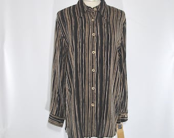 Striped Rayon Tunic Black Brown 10, Vintage 1990s Carol Little Shirt Straight Hem