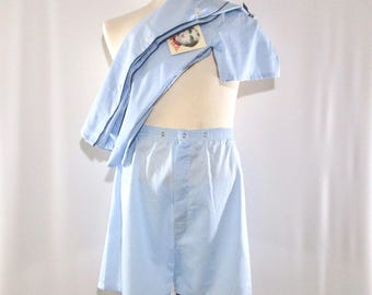 1960s John Weitz PJs, Vintage Blue Cotton Polyester Pajama's Medium, Navy Detailing, Tag