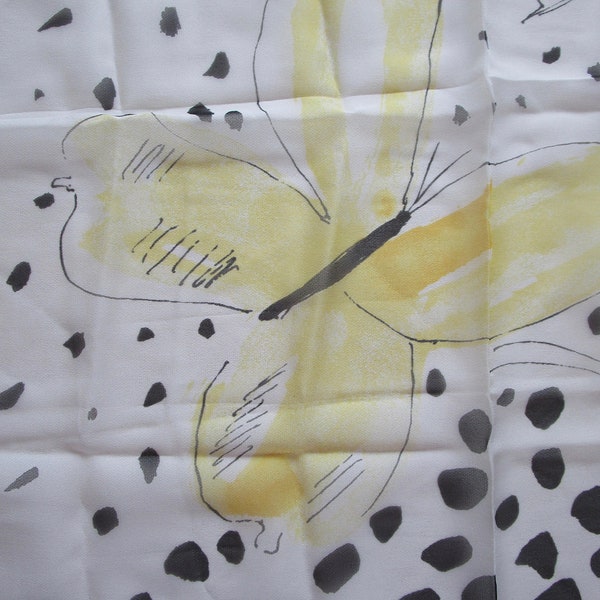 1970s Vera Neumann Scarf, Three Yellow Butterflies, Verasheer Spring Wrap, Vinal Silk, Black and White Square, With Tag