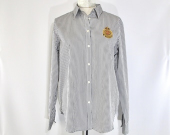 90s Ralph Lauren Blouse L, Vintage Striped Blue White Shirt, Cotton Preppy Top, Deadstock