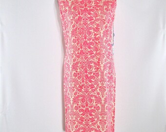 Vintage Pink Sleeveless Sheath, 1960s Brocade Floral Rayon 13 14, With Matching Belt, Von Maur