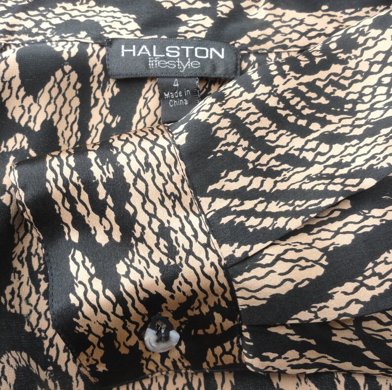 Halston Silk Blouse 4 High End Blouse Swirl Design Black Gold Shirt Designer Top SM Vintage 1970s Silk Abstract Blouse Glamourous
