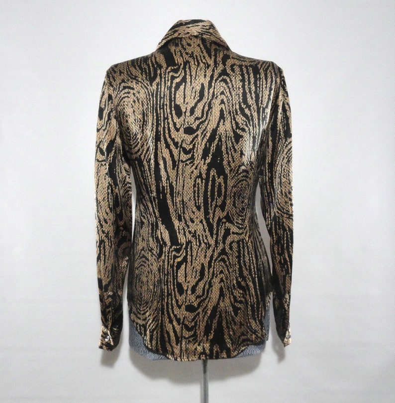 Halston Silk Blouse 4 High End Blouse Swirl Design Black Gold Shirt Designer Top SM Vintage 1970s Silk Abstract Blouse Glamourous