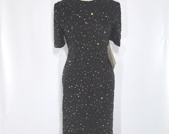 1980s Black Sequined Dress, Vintage Lawrence Kazar Silk Sheath SM, Original Tags, Bloomingdales