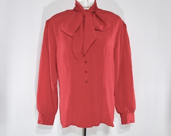 Red Designer Polyester Bow Blouse 14, Vintage 1980s Oscar de la Renta