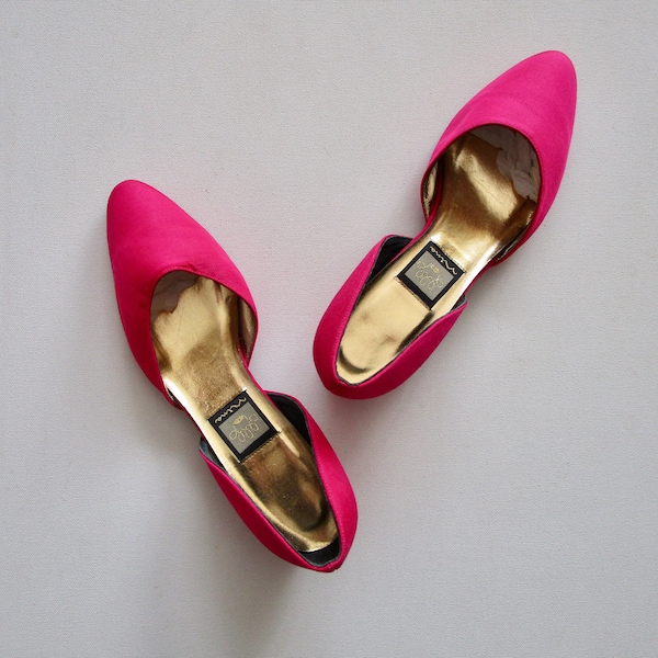 Unworn, Bright Pink Fabric Slip Ons 8 1/2 Medium, Vintage 1970s 1980s Nina Shoes 8.5 MED, Low Heel d'Orsay