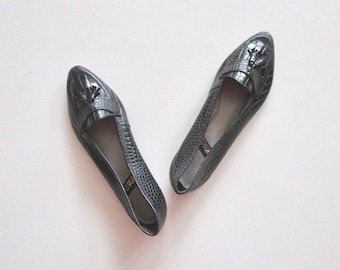Ipanema Tassel Slip Ons 10 M, Vintage 60s 70s Black Lizard Leather Loafers, Unworn