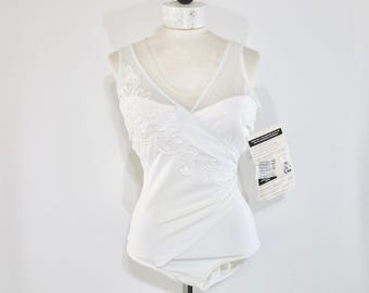 White Bathing Suit 14 Tall NWT, Vintage 1990s Carol Wier Shape Detector, Lace Netting