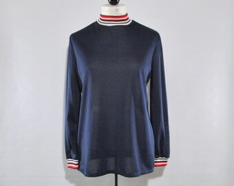 70s Sheer Navy Turtleneck 14, Vintage Montgomery WARD Top, Red White Blue, Stripes
