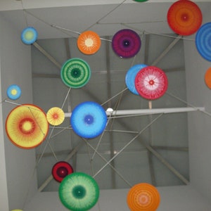 Supernovas mobile, giant sized metal hanging art, stainless steel and hand painted aluminum
