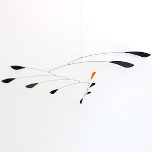 Large black hanging mobile sculpture, 5ft across, 20 inches tall, mid-century modern decor art