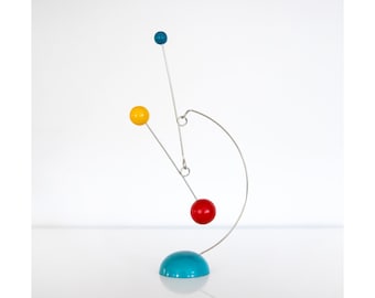 Red, Yellow, Teal, and Turquoise Tabletop Hanging Mobile, Standing Stabile, Mid-Century Modern Art with heavy steel base