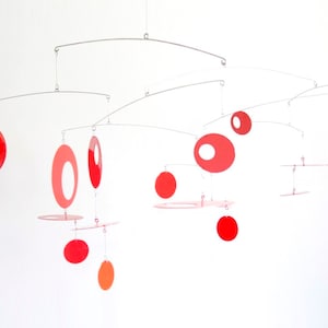 Eclipse Mobile, Mid-century modern, large-sized metal hanging art, stainless steel and powder coated aluminum in red