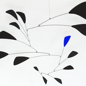 Ganymede Mobile, hanging mobile sculpture large black and blue mid-century modern art