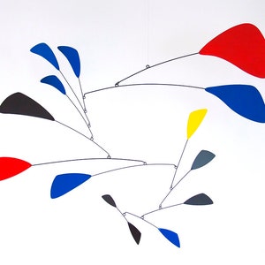 Large multi-color hanging mobile sculpture 40 inches by 40 inches, mid-century modern art decor in Red, Yellow, Blue, and Black