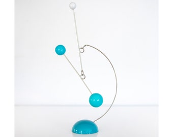 Turquoise and Teal Tabletop Hanging Mobile, Standing Stabile, Mid-Century Modern Art with heavy steel base
